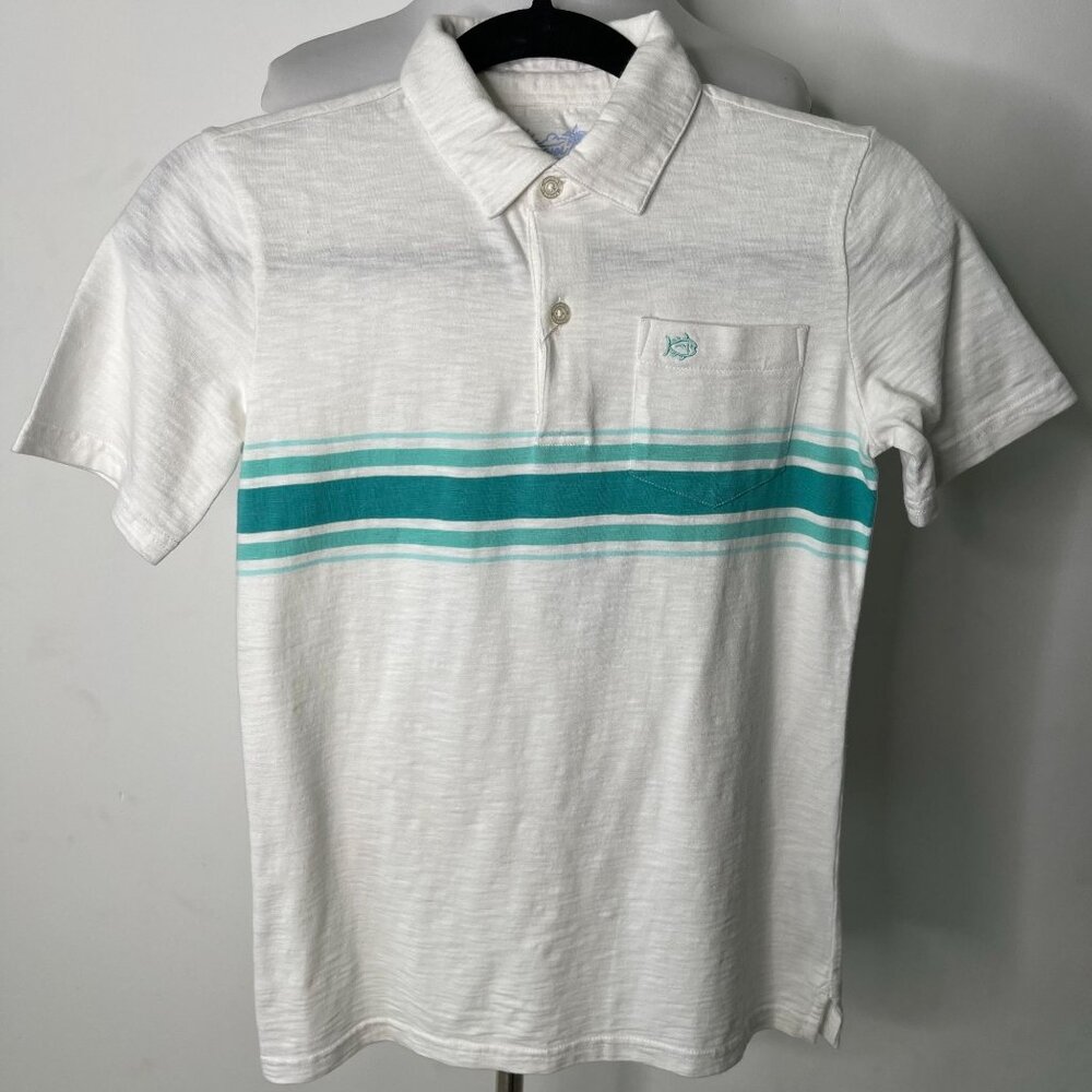 NWT Southern Tide Kids' White Green Farer Polo Short Sleeve Shirt Size Large